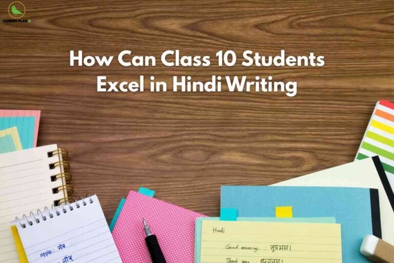 A wooden desk is neatly arranged with colorful notebooks, flashcards, and a pen, featuring Hindi and English vocabulary and phrases, visually representing effective study tools and techniques for how class 10 students can excel in Hindi writing.