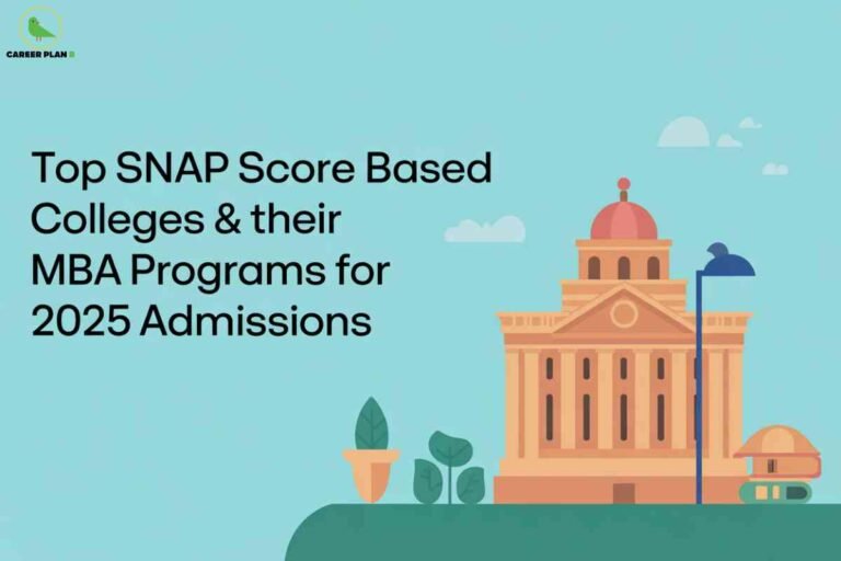 Light blue sky background featuring illustrated institutional building with orange dome and columns plus decorative trees displaying black title text "Top SNAP Score Based Colleges & their MBA Programs for 2025 Admissions" with Career Plan B logo representing comprehensive guide to premier Symbiosis International University business schools.
