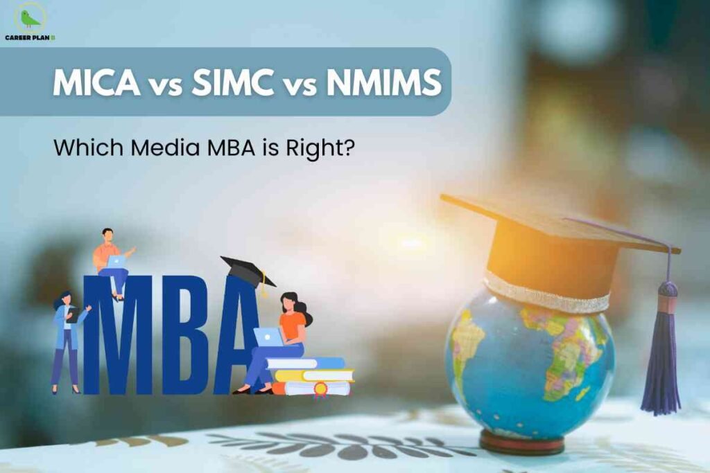 This image features a soft blue background with the prominent text "MICA vs SIMC vs NMIMS" in bold white letters on a blue-gray banner at the top. Below, in black lettering, it asks, "Which Media MBA is Right?" On the left side, there is a large "MBA" acronym depicted in dark blue, with illustrated students using laptops and reading books positioned around the letters. To the right, a small globe is topped with a graduation cap and purple tassel, symbolizing global education and achievement. The top left corner displays a green bird logo and the words "CAREER PLAN B," signifying career guidance. The design visually compares top Media MBA programs, emphasizing aspirant decision-making for 2025.