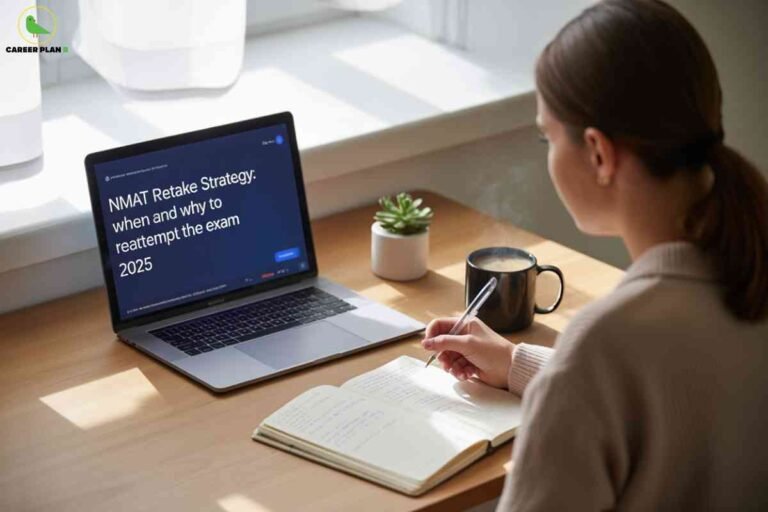 Study setup with woman at wooden desk viewing laptop screen displaying "NMAT Retake Strategy when and why to reattempt the exam 2025" alongside open notebook, pen, coffee mug, and small succulent plant near bright window with Career Plan B logo representing strategic exam reattempt planning.