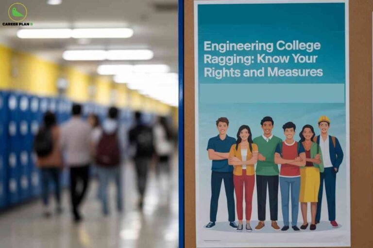 A school hallway with bright lighting and blue lockers lines the left side, as groups of students walk away in soft focus. In sharp focus on the right, a poster displays the title "Engineering College Ragging: Know Your Rights and Measures" along with illustrations of diverse students standing confidently. The message emphasizes awareness and safety regarding anti-ragging rules and supportive action on campus. The Career Plan B logo sits at the top left, ensuring trustworthy educational content.