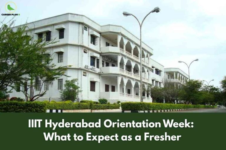 A colonial-style white building with multiple floors and arched balconies sits beside a tree-lined campus road at IIIT Hyderabad. In the lower section, bold white text on a dark green background reads "IIIT Hyderabad Orientation Week: What to Expect as a Fresher," emphasizing an informative guide for new students on campus acclimatization and activities. The Career Plan B logo in the upper left denotes trusted student-focused content.