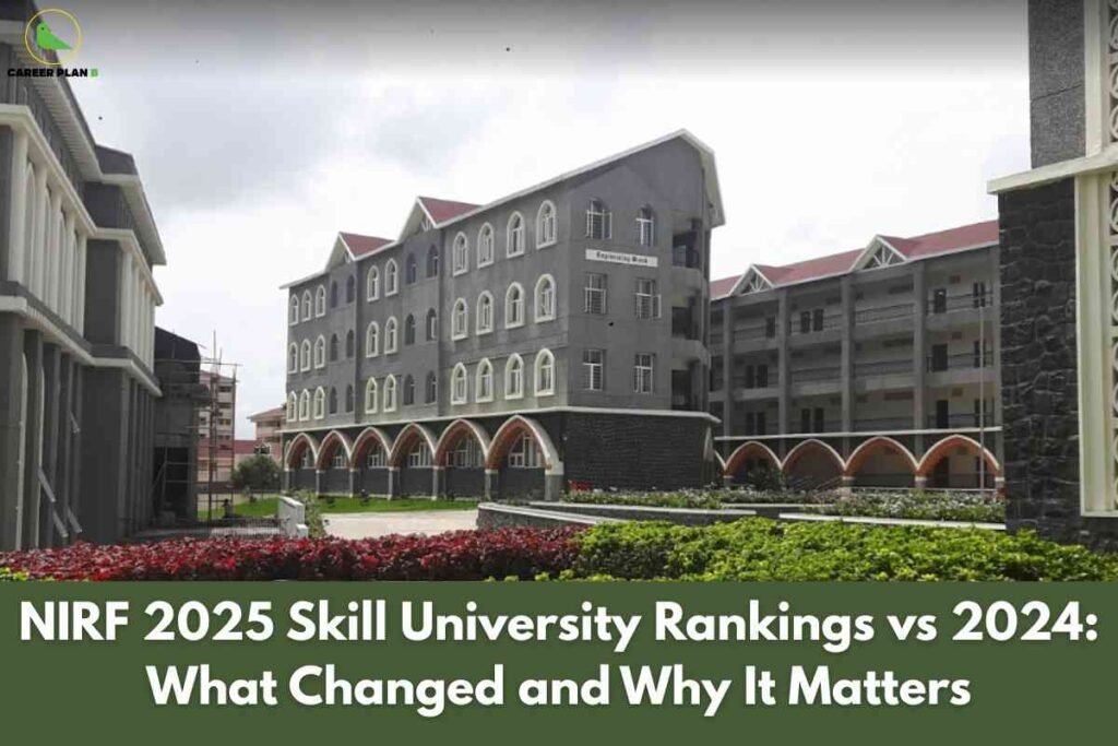 A modern, multi-story skill university campus features arched entrances and landscaped gardens, suggesting advanced infrastructure and academic excellence. At the bottom, a dark green banner displays bold white text: "NIRF 2025 Skill University Rankings vs 2024: What Changed and Why It Matters," highlighting recent updates and their importance in evaluating institutional performance. The Career Plan B logo is at the top left, linking the image to trusted educational analytics and ranking resources.