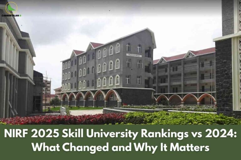A modern, multi-story skill university campus features arched entrances and landscaped gardens, suggesting advanced infrastructure and academic excellence. At the bottom, a dark green banner displays bold white text: "NIRF 2025 Skill University Rankings vs 2024: What Changed and Why It Matters," highlighting recent updates and their importance in evaluating institutional performance. The Career Plan B logo is at the top left, linking the image to trusted educational analytics and ranking resources.