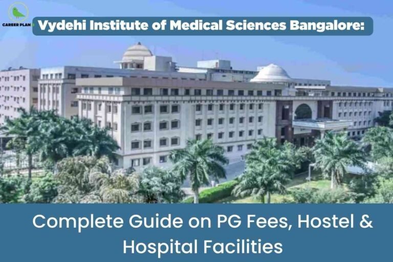 A clear campus information image for Vydehi Institute of Medical Sciences Bangalore PG fees and courses, featuring the expansive multi-storey academic building surrounded by lush palm trees and greenery, with a blue text banner stating “Vydehi Institute of Medical Sciences Bangalore: Complete Guide on PG Fees, Hostel & Hospital Facilities,” visually emphasizing key details on postgraduate fee structure, available courses, hostel accommodations, and hospital amenities at the institute.