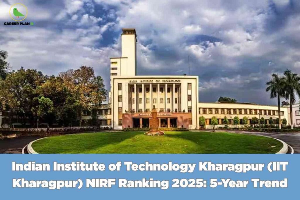 A panoramic image shows the iconic main building of IIT Kharagpur under a dramatic sky with scattered clouds, surrounded by lush green lawns and landscaped trees. The bottom banner features bold text reading "Indian Institute of Technology Kharagpur (IIT Kharagpur) NIRF Ranking 2025: 5-Year Trend," highlighting an evaluation of the institute’s performance in national rankings. The Career Plan B logo appears at the top left, linking the image to authoritative educational and ranking content.