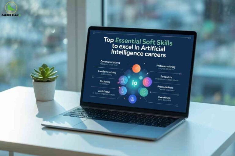A laptop sits on a bright desk beside a green succulent, displaying a vibrant infographic titled "Top Essential Soft Skills to excel in Artificial Intelligence careers." Illustrated icons surround the term "iq" at the center, listing key soft skills such as communicating, problem-solving, reasoning, creativity, perseverance, and growth mindset, highlighting necessary attributes for success in AI roles. The Career Plan B logo is in the top left, connecting the image to authoritative career guidance.