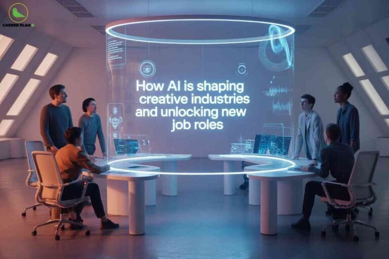 A group of professionals collaborates in a futuristic workspace, surrounded by glowing digital screens and advanced holographic displays. At the center, large illuminated text reads, "How AI is shaping creative industries and unlocking new job roles," highlighting artificial intelligence’s impact on innovation and employment in creative fields. The Career Plan B logo appears at the top left, associating the image with trusted insights on technology-driven career transformation.