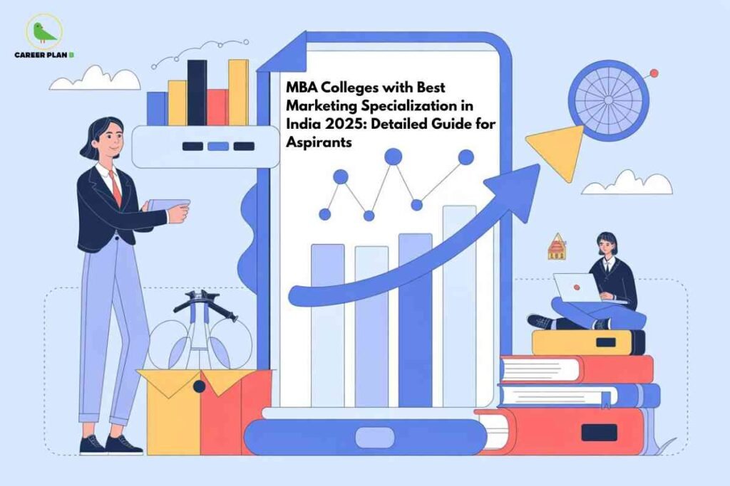 A bright illustration features business professionals surrounded by charts, graphs, and marketing analytics icons, representing career growth and data-driven marketing strategies. In the center, a prominent display shows bold black text: "MBA Colleges with Best Marketing Specialization in India 2025: Detailed Guide for Aspirants," emphasizing comprehensive resources for MBA marketing program selection. The Career Plan B logo appears at the top left, linking the image to trusted educational guidance for business school aspirants.