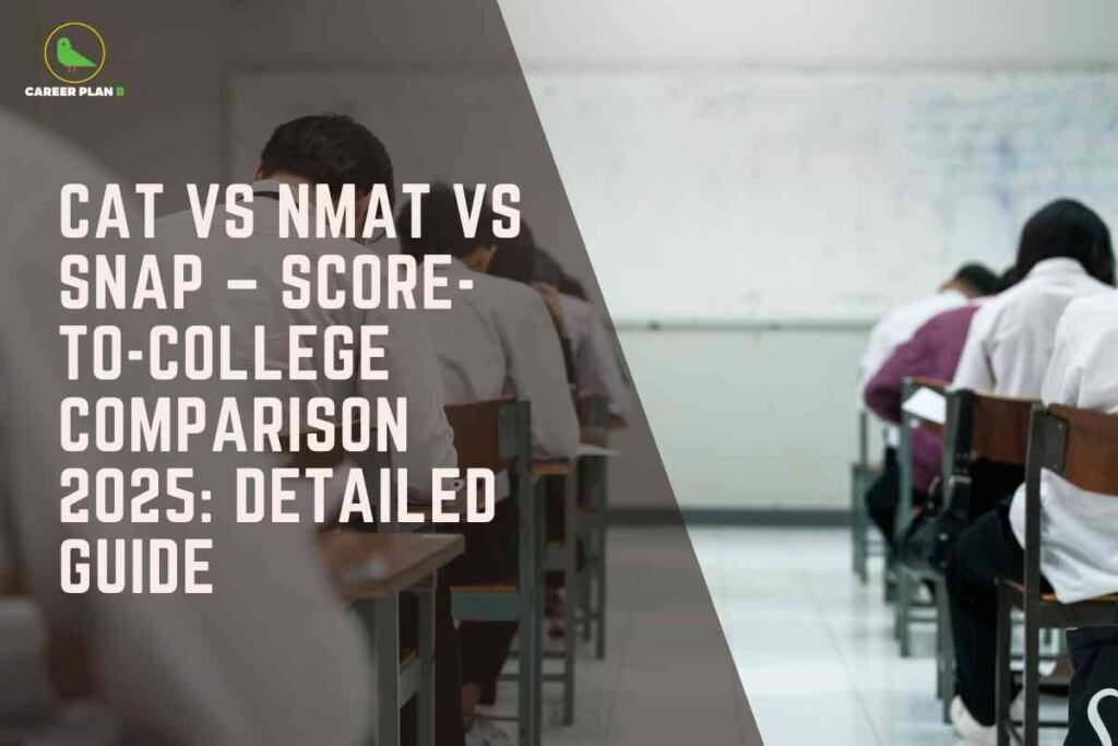 Students sit in a classroom taking an exam, highlighting the competitive nature of entrance tests. Overlaid on the left is bold light text: "CAT vs NMAT vs SNAP – Score-to-College Comparison 2025: Detailed Guide," emphasizing a thorough comparative resource for management aspirants assessing exam scores and corresponding MBA college options. The Career Plan B logo appears at the top left, linking the image to trusted exam analysis and college selection tools.