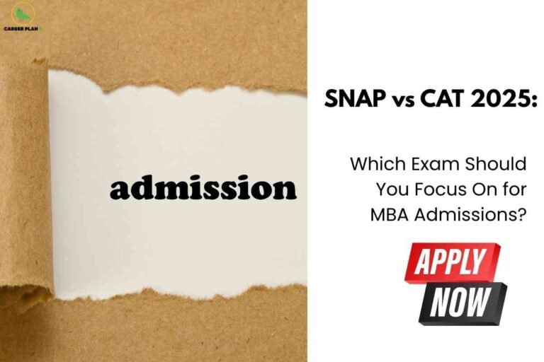 The image is divided into two sections. On the left, brown paper is torn away to reveal the word "admission" in bold black font, symbolizing access to MBA programs. On the right, bold black headline text reads "SNAP vs CAT 2025: Which Exam Should You Focus On for MBA Admissions?" with a prominent red and black button labeled "APPLY NOW," highlighting the urgency and importance of exam selection. The Career Plan B logo appears at the top left, associating the image with trusted academic guidance.