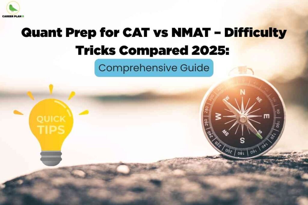 A sunny outdoor setting features a creative illustration of a glowing yellow lightbulb labeled "Quick Tips" on the left, symbolizing practical strategies. On the right, a classic compass sits on textured ground, representing guidance and direction for exam preparation. Bold headline text reads "Quant Prep for CAT vs NMAT – Difficulty Tricks Compared 2025:" with a blue highlighted banner stating "Comprehensive Guide," emphasizing a detailed resource for mastering quantitative aptitude for both exams. The Career Plan B logo is at the top left, linking the image to trusted exam tips and resources.