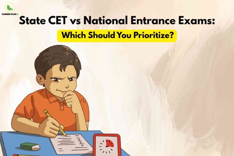 At the top, bold black text reads "State CET vs National Entrance Exams: Which Should You Prioritize?" on a soft, neutral background. Below, an illustrated student sits at a blue desk, concentrating while writing on an answer sheet beside a small timer and an eraser, visually emphasizing the challenge of choosing between exam types and effective preparation. The Career Plan B logo in the upper left denotes trusted academic content.