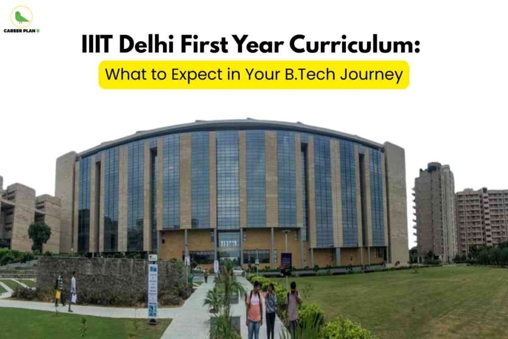 A wide-angle view of the IIIT Delhi campus features a large academic building with blue-tinted glass and tan-colored vertical accents. In the foreground, students walk along a pathway flanked by greenery. Above, bold black text states "IIIT Delhi First Year Curriculum:" and a yellow highlight bar displays "What to Expect in Your B.Tech Journey," indicating an informative guide to the academic structure and student experience in the initial year of the B.Tech program. The Career Plan B logo appears in the upper left, reflecting credible educational content.