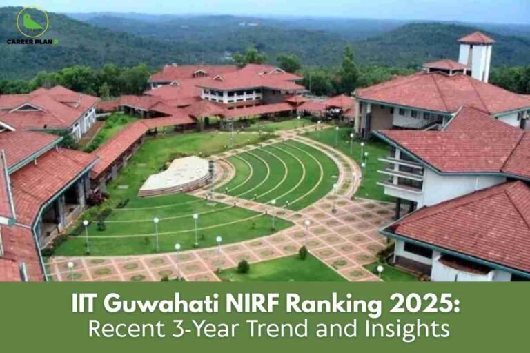 This image presents the picturesque campus of IIT Guwahati, with an aerial view highlighting several academic buildings featuring terracotta-colored sloping rooftops, surrounded by lush greenery and gently rolling hills in the distance. The foreground prominently displays a beautifully landscaped amphitheater with concentric steps and semi-circular grass sections, bordered by paved walkways adorned with evenly spaced lamp posts. The harmonious layout of the campus buildings and open spaces exemplifies a blend of traditional architectural elements with modern design, set amidst the natural beauty of Assam's landscape. In the upper left corner is the Career Plan B logo – a stylized green bird in a yellow circle – while the lower part of the image is overlaid with text: “IIT Guwahati NIRF Ranking 2025: Recent 3-Year Trend and Insights,” indicating a focus on the institute’s ranking performance and analysis over the past three years.