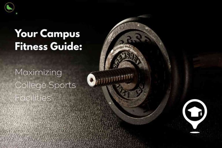 A close-up shot of a worn iron barbell resting on a textured gym floor, symbolizing weight training and campus sports. On the left side, bold white text reads, "Your Campus Fitness Guide: Maximizing College Sports Facilities," encouraging students to utilize on-campus gyms and fitness centers for physical well-being. The Career Plan B logo and a graduation cap location icon emphasize educational and campus-oriented content.