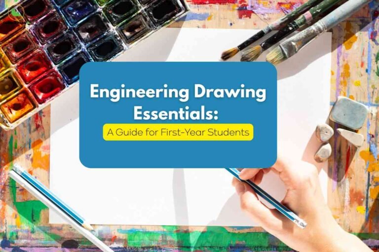 A colorful tabletop features a hand holding a pencil over a blank white paper, surrounded by watercolor paints, brushes, and erasers. At the center, a blue text box in bold reads, "Engineering Drawing Essentials: A Guide for First-Year Students," highlighting a beginner-focused resource on the basics of technical drawing and sketching for engineering students. The Career Plan B logo signifies reliable educational guidance.
