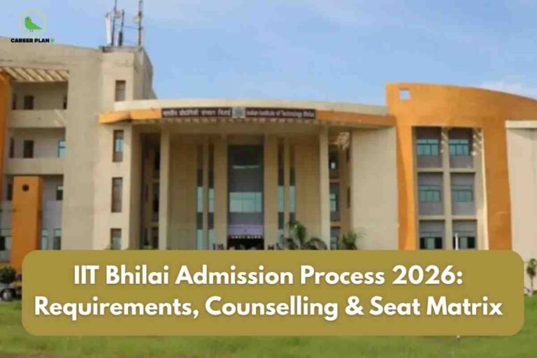 A detailed campus image for IIT Bhilai Admission Process 2026, featuring the modern yellow-beige main academic building under a clear sky, with a bold gold banner stating “IIT Bhilai Admission Process 2026: Requirements, Counselling & Seat Matrix,” naturally emphasizing the essential admission requirements, detailed counselling steps, and seat matrix for 2026 aspirants.