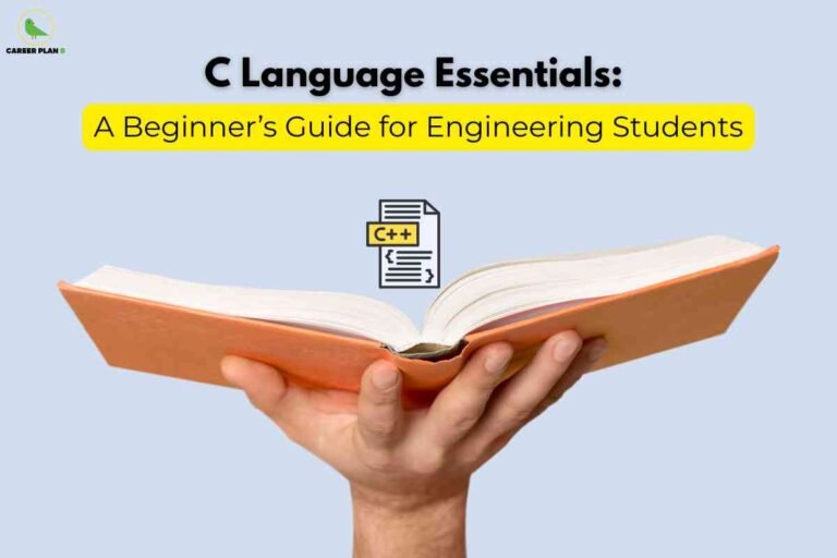 A hand holds an open orange textbook against a pale blue background, with an illustrated programming sheet labeled “C++” above it. Large bold text at the top reads "C Language Essentials: A Beginner’s Guide for Engineering Students" in black and yellow, emphasizing foundational programming concepts for new college students. The Career Plan B logo in the top left signifies credible academic guidance.