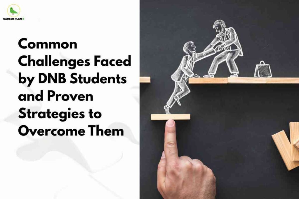 The image presents a banner titled “Common Challenges Faced by DNB Students and Proven Strategies to Overcome Them”. On the left, large black text stands out against a white background with the "Career Plan B" bird logo at the top. The right side features a creative illustration: a hand supports a wooden block held horizontally, while chalk drawings of two professionals depict one helping the other climb up to the next level where a briefcase awaits, symbolizing mentorship and overcoming career obstacles. The visual communicates support and strategic solutions for DNB (Diplomate of National Board) students in medicine.