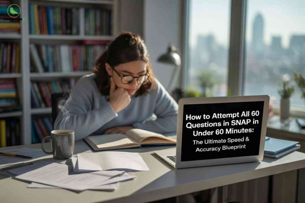The image shows a student seated at a desk in a library or study room, focused on exam preparation. The workspace includes notebooks, loose papers, a steaming coffee mug, and a laptop with an open screen. On the laptop, the text reads: “How to Attempt All 60 Questions in SNAP in Under 60 Minutes: The Ultimate Speed & Accuracy Blueprint.” In the room’s background, tall city buildings are visible through large windows. The “Career Plan B” green bird logo is in the upper left corner, visually linking the scene to expert guidance on SNAP exam strategy, speed, and accuracy for test takers.