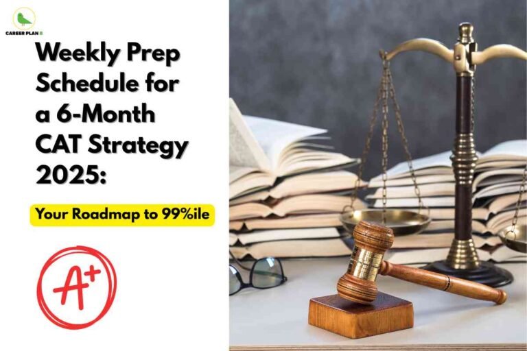 The image presents a study desk setup for CAT exam preparation, themed around “Weekly Prep Schedule for a 6-Month CAT Strategy 2025: Your Roadmap to 99%ile”. On the left, bold black headline text is paired with a yellow highlight for the roadmap, and a large, red circled “A+” denotes academic excellence. The “Career Plan B” green bird logo sits at the top left. The right side shows a stack of open books, a pair of eyeglasses, a judge’s gavel, and golden weighing scales, suggesting balance, hard work, and the pursuit of top results, in a scholarly, motivating environment.