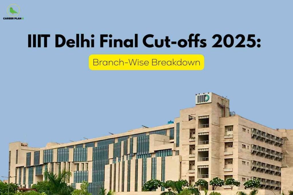 The image features a modern, multi-storied building of IIIT Delhi with a combination of beige concrete walls and blue-tinted glass panels, standing against a clear sky with a pale blue background. The building is surrounded by well-maintained greenery including bushes and trees visible in the foreground. At the top left corner of the image, there is a small logo showing a green bird and the text "CAREER PLAN B." Overlaying the upper portion of the image, bold black text reads: "IIIT Delhi Final Cut-offs 2025:". Beneath this heading, a highlighted yellow pill-shaped box contains the subtitle "Branch-Wise Breakdown" in black. The overall composition focuses on the campus’s architectural features and communicates an academic atmosphere, specifically related to admission cut-offs for different branches for the year 2025.