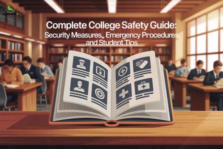 The image depicts the interior of a college library or study room, featuring students seated at wooden tables engaged in reading and studying. In the foreground, an open book rests on a desk, with illustrated icons on its pages representing themes like security, emergency care, medical assistance, and protective measures. Behind the book, numerous bookshelves filled with books line the walls, and bright overhead lighting creates a scholarly atmosphere. Centered at the top, large white text reads: "Complete College Safety Guide: Security Measures, Emergency Procedures, and Student Tips." The top left corner includes a green bird logo with the words "CAREER PLAN B," indicating academic or guidance resources. The overall scene highlights safety, preparedness, and support in the college environment.