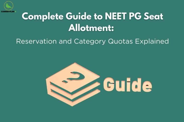 An informative graphic features a bold headline for a complete guide to NEET PG seat allotment, focusing on reservation and category quotas explained. Below the text, an icon of stacked books with a question mark and the word "Guide" visually represents step-by-step information on seat allocation. The Career Plan B logo appears at the top left.