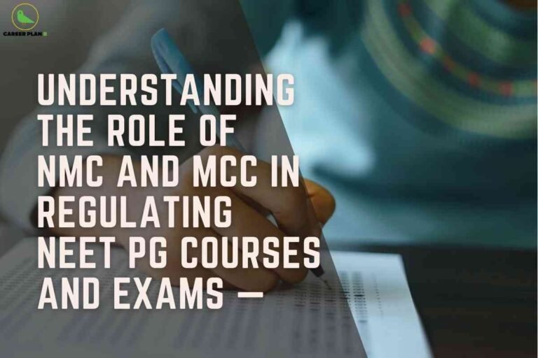 A close-up of a person’s hand filling out a multiple-choice answer sheet with a pen, overlaid by large text detailing the role of NMC and MCC in regulating NEET PG courses and exams. The Career Plan B logo appears at the top left.