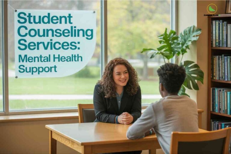 The image depicts a student counseling session inside a bright, modern office or library. Two people sit across a wooden table in front of large windows, with green scenery visible outside. On the left, a large poster on the window reads "Student Counseling Services: Mental Health Support" in bold teal letters. The space is furnished with bookshelves filled with books and a leafy indoor plant, creating a welcoming and supportive environment. The "CAREER PLAN B" logo is displayed in the top right, indicating trusted guidance or resources for students seeking mental health support.
