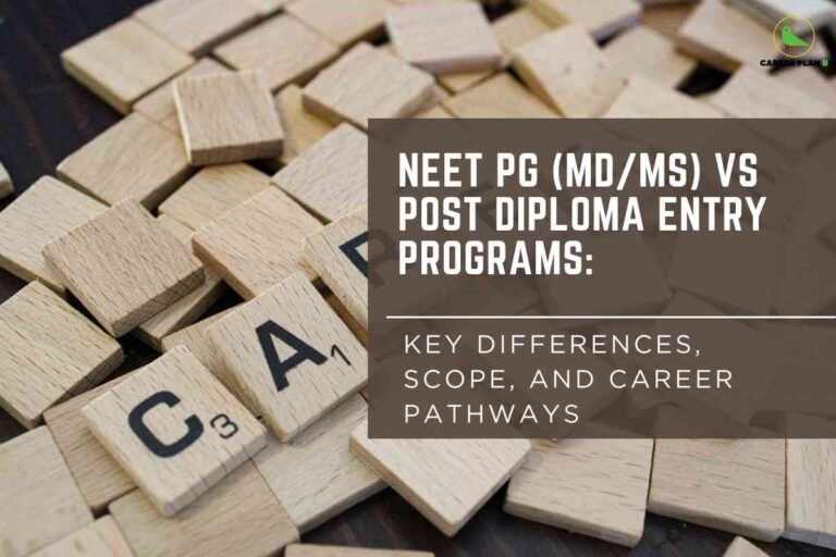 Wooden Scrabble tiles scattered across a surface display the word "CAREER" in the foreground, while a brown overlay box contains bold headline text comparing NEET PG (MD/MS) vs Post Diploma Entry Programs, highlighting key differences, scope, and career pathways. The Career Plan B logo appears at the top right.