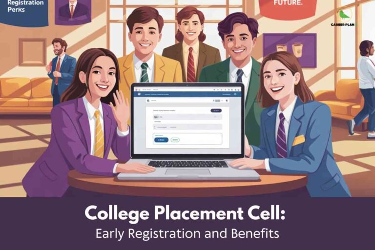 The image shows a group of students in formal attire gathered around a round table in a brightly-lit placement cell office. At the center of the table is an open laptop displaying an early registration form for college placement activities. The setting includes cozy lounge furniture, large windows, and colorful banners on the walls—one highlighting "Registration Perks" and the other with "FUTURE." The prominent headline at the bottom reads, "College Placement Cell: Early Registration and Benefits." In the top right is a green bird logo with "CAREER PLAN B," reinforcing a theme of career guidance and campus opportunities. The scene emphasizes teamwork, professionalism, and proactive preparation for college placements.