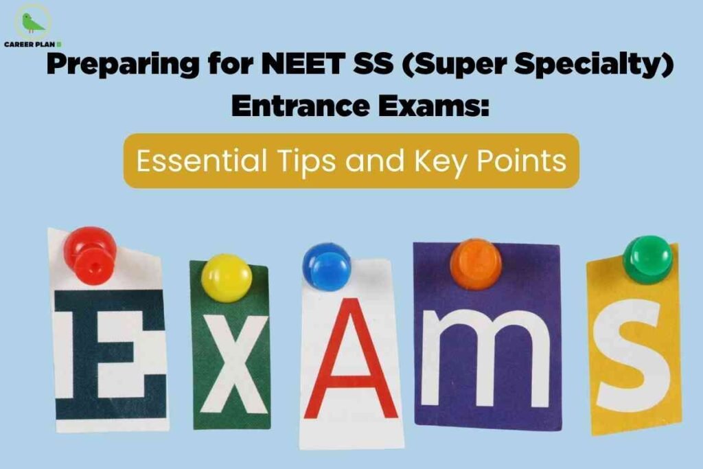 Cut-out letters in various colors spell "Exams," each pinned with a different colored push pin, against a light blue background. Above, bold headline text offers guidance on preparing for NEET SS (Super Specialty) entrance exams and highlights essential tips and key points for candidates. The Career Plan B logo is visible at the top left.