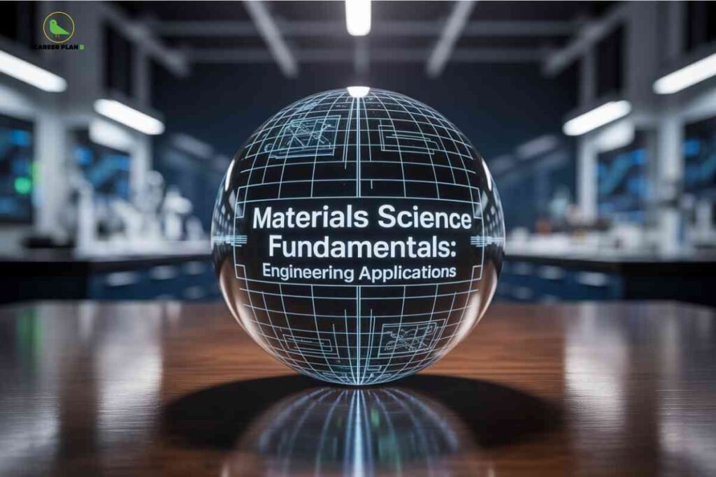 The image shows a futuristic science laboratory with a digital globe placed on a polished wooden table in the foreground. The globe is covered in a glowing grid pattern and technical diagrams, with the words "Materials Science Fundamentals: Engineering Applications" prominently displayed across its curved surface. Sleek lab equipment and bright linear lights are visible in the background, giving the scene a high-tech and educational atmosphere. The top left corner features the "CAREER PLAN B" logo with a green bird, indicating expert guidance and resource content focused on materials science and engineering principles.
