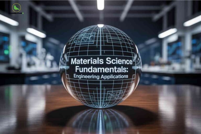 The image shows a futuristic science laboratory with a digital globe placed on a polished wooden table in the foreground. The globe is covered in a glowing grid pattern and technical diagrams, with the words "Materials Science Fundamentals: Engineering Applications" prominently displayed across its curved surface. Sleek lab equipment and bright linear lights are visible in the background, giving the scene a high-tech and educational atmosphere. The top left corner features the "CAREER PLAN B" logo with a green bird, indicating expert guidance and resource content focused on materials science and engineering principles.