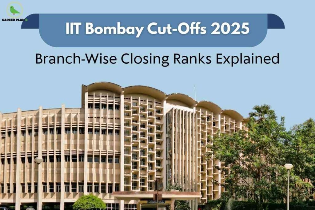 The iconic main building of IIT Bombay stands beneath a clear blue sky, accompanied by large headline text announcing IIT Bombay Cut-Offs 2025, with branch-wise closing ranks explained for engineering admissions. The Career Plan B logo appears at the top left.