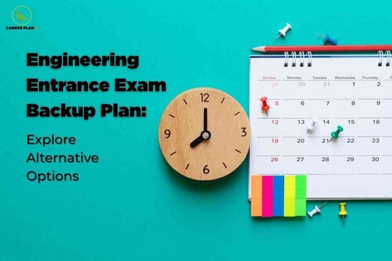 The image has a bright turquoise background. On the left side, bold black text reads: "Engineering Entrance Exam Backup Plan: Explore Alternative Options." In the center, there is a round, wooden wall clock showing the time as 9:00. To the right of the clock, a desk calendar page shows a month view with several colored push pins (red, white, blue, green, yellow) marking different dates. A red pencil lies horizontally above the calendar, and five small, square sticky notes in orange, blue, pink, green, and yellow are lined up at the bottom of the calendar page. At the top left corner of the image, there is a small green and yellow icon with the words "CAREER PLAN" in black. The overall layout suggests planning and preparation for alternative options related to engineering entrance exams.