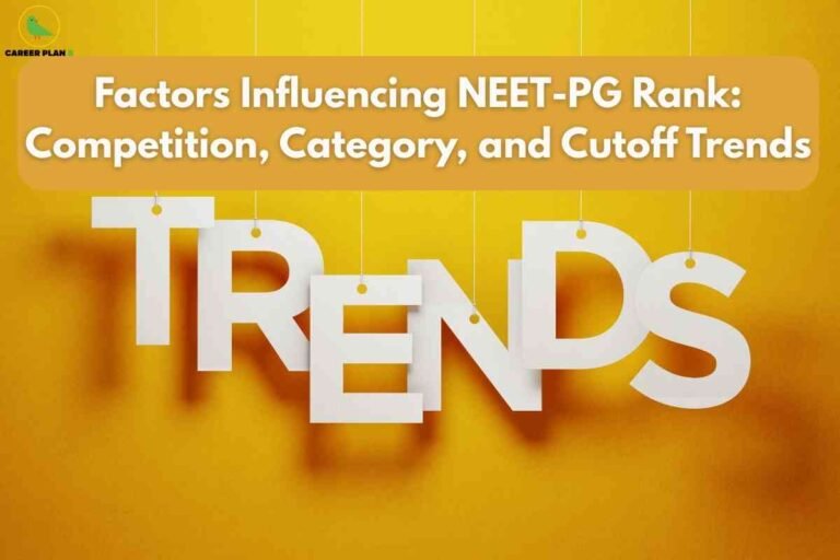 A vibrant yellow background features large white 3D letters spelling "TRENDS" hanging by strings, creating a visually striking effect. Above the letters, a bold headline reads "Factors Influencing NEET-PG Rank: Competition, Category, and Cutoff Trends," highlighting the main topics covered. The Career Plan B logo is placed at the top left, tying the image to the educational content theme.