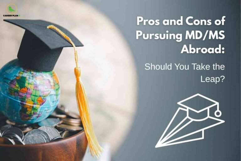 A small globe, representing the world, is placed inside a wooden bowl filled with coins, symbolizing international education and financial investment. The globe is topped with a black graduation cap and a yellow tassel, signifying achievement and academic success. On the right side of the image, there is a heading in bold white text: "Pros and Cons of Pursuing MD/MS Abroad: Should You Take the Leap?" with a simple line drawing of a graduation cap on a paper airplane beneath the text. In the upper left corner, a green logo with the words "CAREER PLAN" is visible, adding a branding element. The overall theme conveys the idea of making an important decision about pursuing a medical or master's degree abroad and weighing the benefits and challenges.