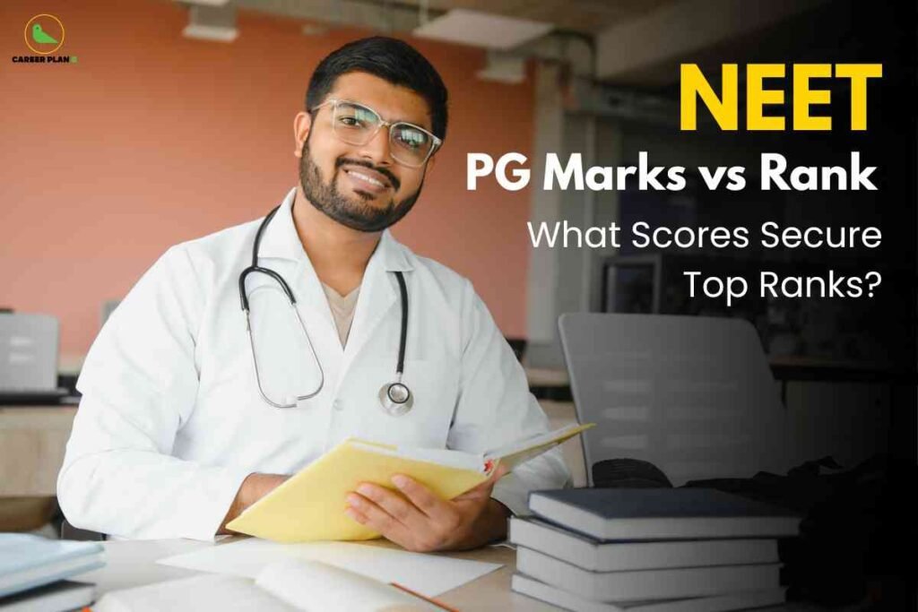 A promotional medical graphic shows a doctor in the foreground wearing a white coat, a blue shirt, and a dark tie, with a stethoscope draped around his neck. The doctor is giving a thumbs-up gesture, suggesting confidence and encouragement. In the background, other medical professionals in blue scrubs are visible, standing in a hospital corridor. On the right side, bold text reads, "Crack NEET PG Like a Topper: Study Hacks, Revision Plans, and Success Tips," with "NEET" highlighted in yellow for emphasis. The top left corner features a green logo for Career Plan, indicating the organization providing these tips. The overall scene conveys success and professional support in medical exam preparation.