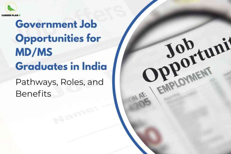 On the left, bold blue text reads "Government Job Opportunities for MD/MS Graduates in India," with a subtitle "Pathways, Roles, and Benefits" below in black. To the right, a magnified view of a newspaper clearly shows "Job Opportunity" and "Employment." The visual emphasizes diverse career avenues for specialized medical postgraduates in India's public sector. At the top left, the Career Plan B logo signals reliable guidance for medical professionals.