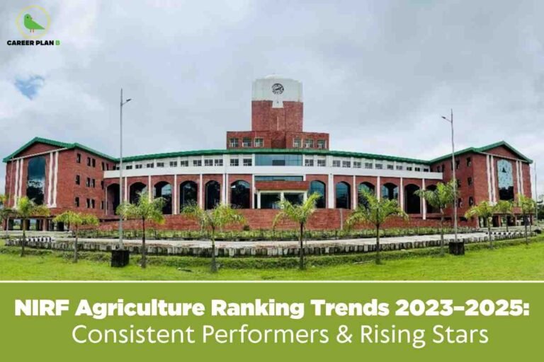 A wide-angle view shows a striking red-brick agricultural university building with arched windows, a central clock tower, and a landscaped entrance framed by palm trees under a cloudy sky. The bottom green banner displays the headline, "NIRF Agriculture Ranking Trends 2023–2025: Consistent Performers & Rising Stars," highlighting an overview of top agricultural institutions and emerging leaders over recent years. The Career Plan B logo appears at the top left, linking the image to expert academic ranking resources.
