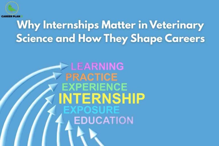 A bright graphic on a blue background highlights the importance of internships in veterinary science with white bold text at the top: "Why Internships Matter in Veterinary Science and How They Shape Careers." Below, arrows point to colorful keywords—LEARNING, PRACTICE, EXPERIENCE, INTERNSHIP, EXPOSURE, EDUCATION—symbolizing the layered benefits and foundational impact of internships on veterinary students’ professional growth. The Career Plan B logo appears at the upper left, underscoring educational and career guidance.