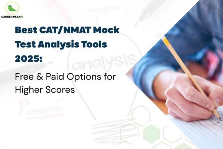On the left, bold dark blue text reads "Best CAT/NMAT Mock Test Analysis Tools 2025: Free & Paid Options for Higher Scores" against a white background with faint sketches of the words “analysis,” “innovation,” and “research.” To the right, a close-up shows a person’s hand taking a test with a pencil. The Career Plan B logo sits at the top left, spotlighting trusted reviews and score-boosting guidance for MBA aspirants choosing assessment tools.
