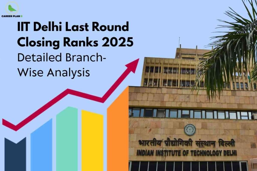A digital educational graphic about IIT Delhi last round closing ranks for 2025 featuring a detailed branch-wise analysis. On the upper left corner, a green bird logo with the text "CAREER PLAN B" is displayed. The main headline, written in bold black letters, reads "IIT Delhi Last Round Closing Ranks 2025" followed by a subheading "Detailed Branch-Wise Analysis" in smaller black font. The background is light blue. On the lower right side, there is a photographic image of the main building of the Indian Institute of Technology Delhi, showcasing its beige stone façade, large windows, and the institute’s name in Hindi and English prominently on the front, partially covered by palm leaves. To the left of the building, there is a colorful stylized bar graph with a red arrow shooting upwards, representing statistical analysis or rank trends. The image combines informative text, a recognizable campus building, and graphical elements to visually communicate the topic of IIT Delhi’s closing ranks and their analysis for prospective students.