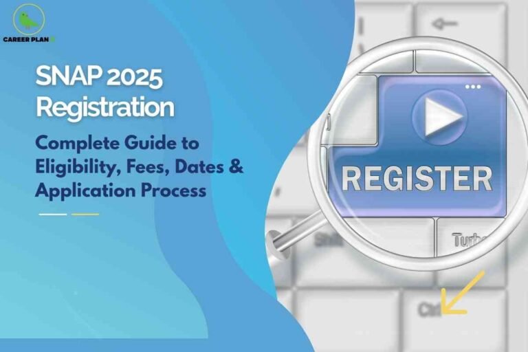 An informational graphic for SNAP 2025 registration features a blue gradient background on the left. Prominently displayed is white and dark blue text: "SNAP 2025 Registration Complete Guide to Eligibility, Fees, Dates & Application Process." The upper left corner contains a green Career Plan logo. On the right side of the image, a magnifying glass focuses on a blue rectangular "REGISTER" button with a play icon, which overlays a computer keyboard. A yellow arrow points toward the button, indicating an action to register. The image conveys digital application steps and guidance for exam registration.