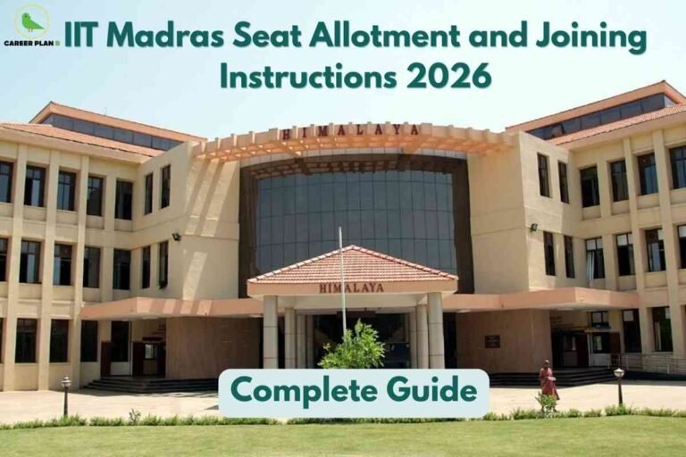 An informational graphic about IIT Madras seat allotment and joining instructions for 2026, aimed at guiding new students. The image features a clear daylight photograph of the "Himalaya" building at IIT Madras, which has a modern design with large glass windows, beige exterior, and a prominent entrance with columns and a tiled roof labeled "HIMALAYA." The building is surrounded by well-maintained grass and a small shrub in front of the main entrance, with a person standing near the entrance. At the top left, there is a green bird logo with the text "CAREER PLAN B" next to it. The headline at the top, in bold green letters, reads: "IIT Madras Seat Allotment and Joining Instructions 2026." At the bottom center, inside a rounded blue-green box, is the label "Complete Guide." The overall composition combines a campus photograph with educational text, providing clear guidance on the seat allotment and admission process at IIT Madras.