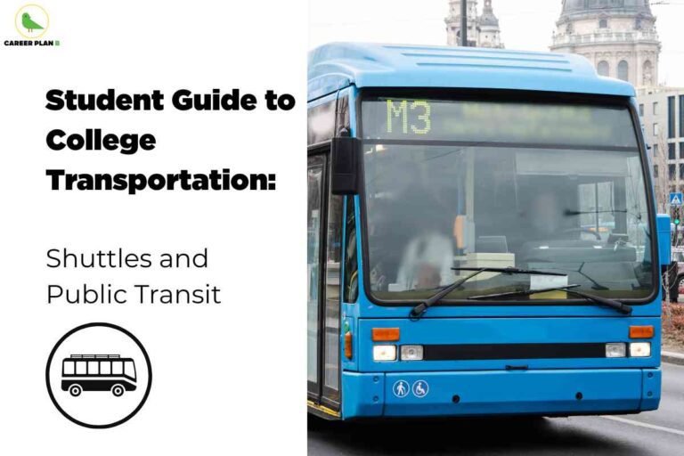 An informational graphic about college transportation is divided into two sections. On the left, bold black text states: "Student Guide to College Transportation: Shuttles and Public Transit." Below the text, there is a black-and-white icon of a bus encircled. In the top left corner, the green Career Plan logo is displayed. The right side of the image features a large blue city bus with the display sign "M3" at the front, and a backdrop of urban buildings and a street scene. The graphic conveys guidance for students on using campus shuttles and public transit options.