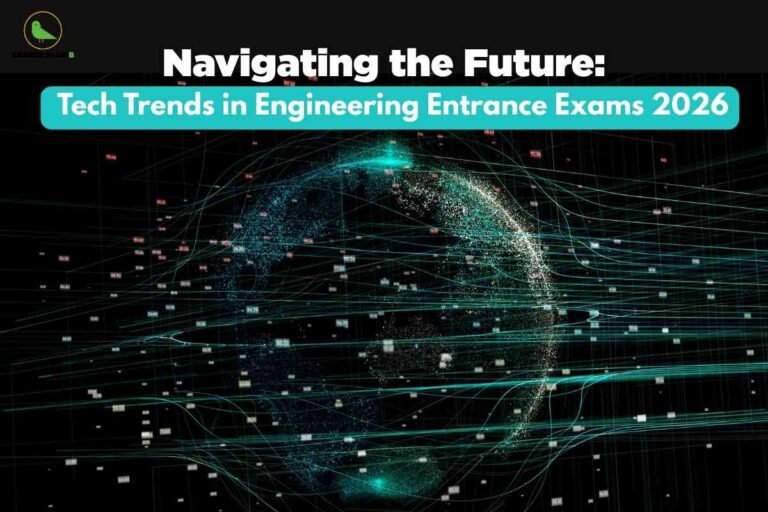 The image has a black background with a digital theme. In the center, there is a stylized globe made up of blue and white glowing dots and lines, giving it a futuristic, cybernetic look. Many light blue lines weave around and through the globe, with numerous small data points and rectangular icons scattered throughout, suggesting connectivity and data flow. At the top left corner, there is a small green bird logo with the text "CAREER PLAN" in black. The heading near the top reads, "Navigating the Future:" in bold white text. Beneath it, on a cyan blue rounded rectangle, is the subheading, "Tech Trends in Engineering Entrance Exams 2026" in bold white text. The overall visual highlights technology and innovation in the context of future engineering entrance exams.